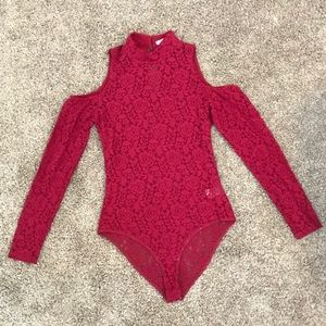 Red lace cold shoulder bodysuit